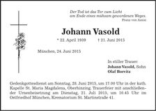 Traueranzeige Johann Vasold