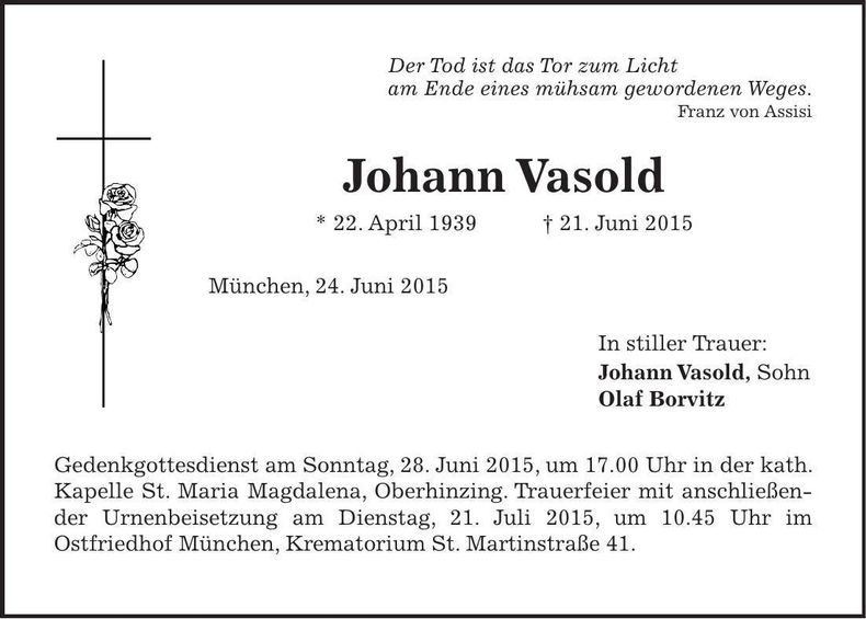 Traueranzeige Johann Vasold