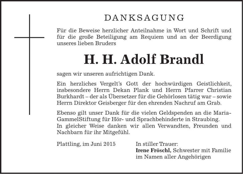 Traueranzeige Adolf Brandl