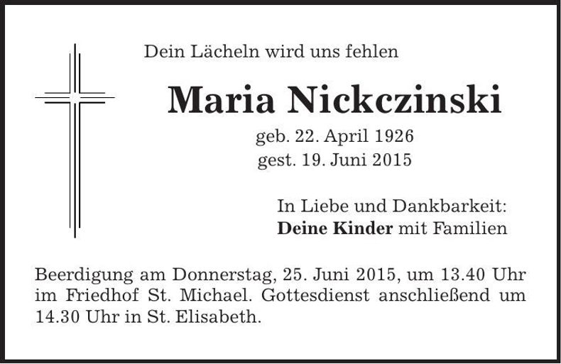 Traueranzeige Maria Nickczinski