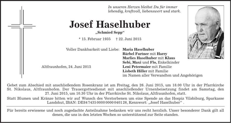 Traueranzeige Josef Haselhuber