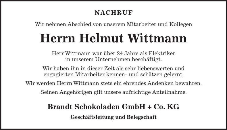 Traueranzeige Helmut Wittmann