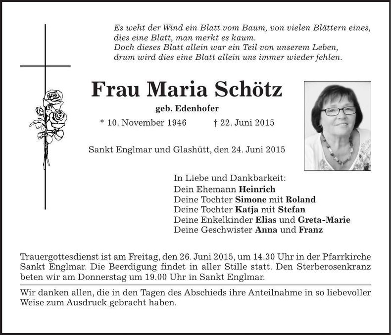 Traueranzeige Maria Schötz