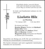 Traueranzeige Liselotte Hilz