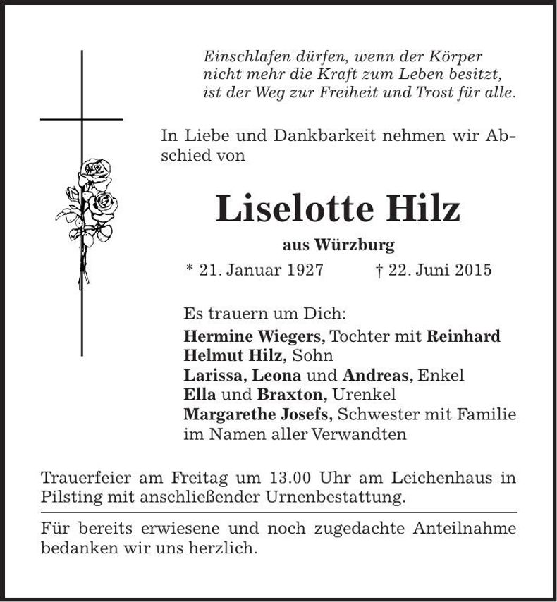 Traueranzeige Liselotte Hilz