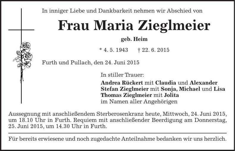 Traueranzeige Maria Zieglmeier
