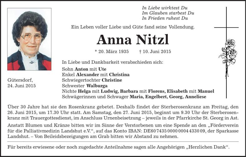 Traueranzeige Anna Nitzl