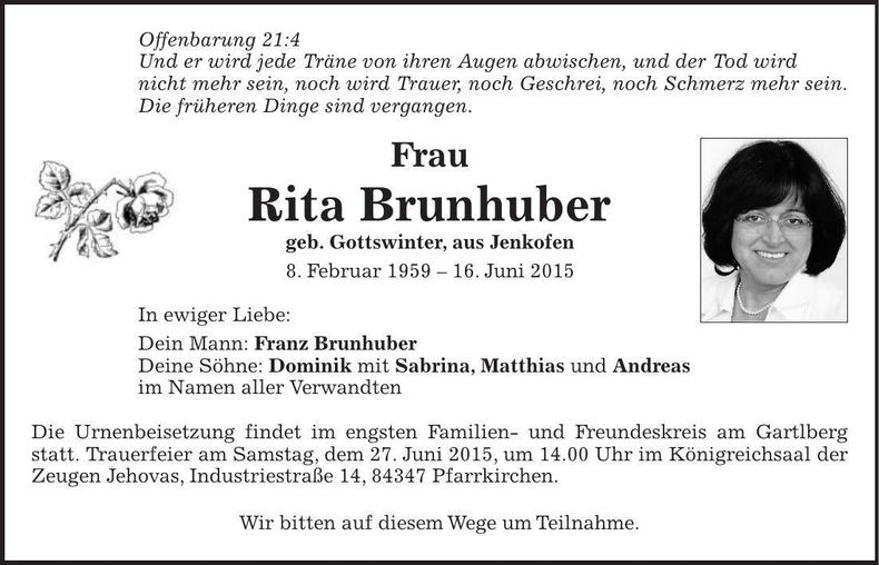 Traueranzeige Rita Brunhuber