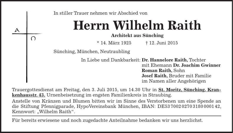 Traueranzeige Wilhelm Raith
