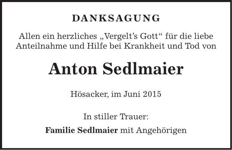 Traueranzeige Anton Sedlmaier