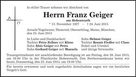 Traueranzeige Franz Geiger