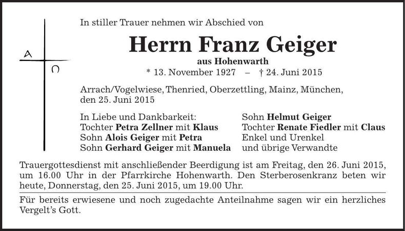 Traueranzeige Franz Geiger