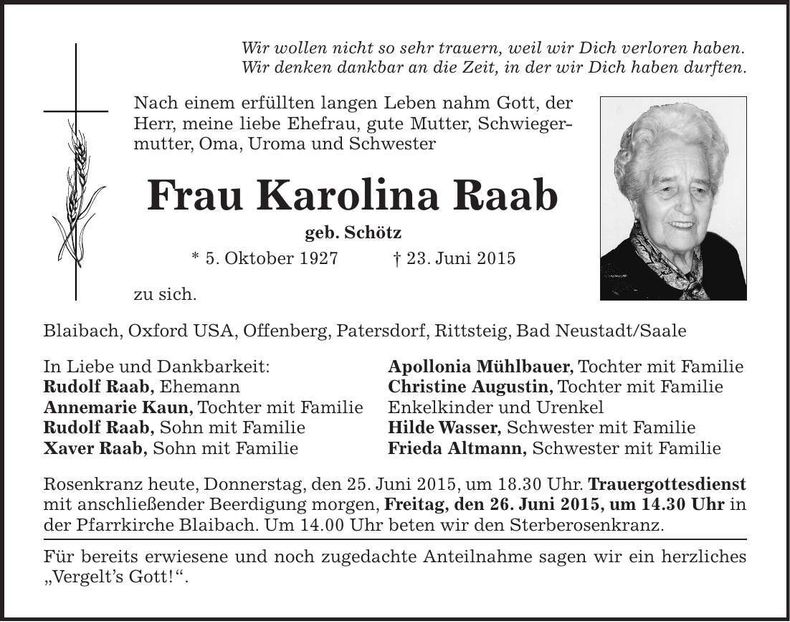 Traueranzeige Karolina Raab
