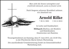 Traueranzeige Arnold Rilke