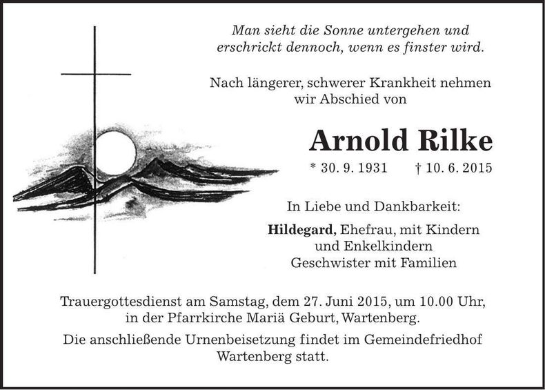 Traueranzeige Arnold Rilke