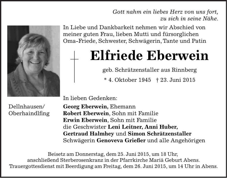 Traueranzeige Elfriede Eberwein