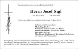 Traueranzeige Josef Sigl
