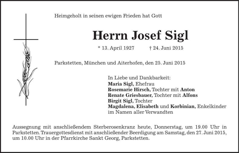 Traueranzeige Josef Sigl