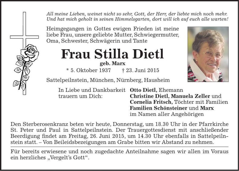 Traueranzeige Stilla Dietl