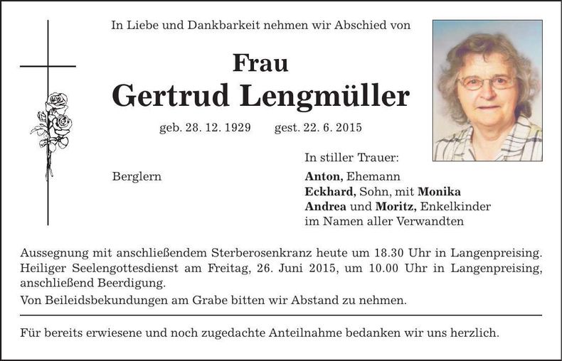Traueranzeige Gertrud Lengmüller