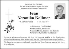 Traueranzeige Veronika Kollmer