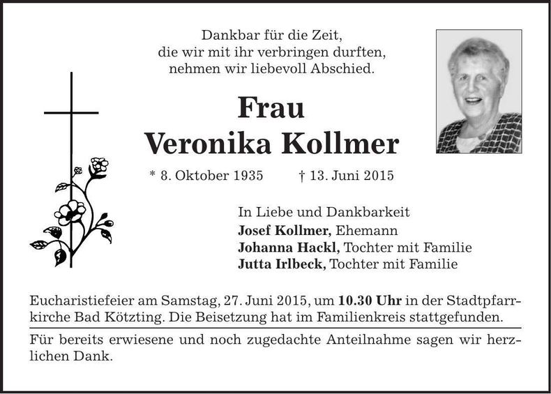 Traueranzeige Veronika Kollmer