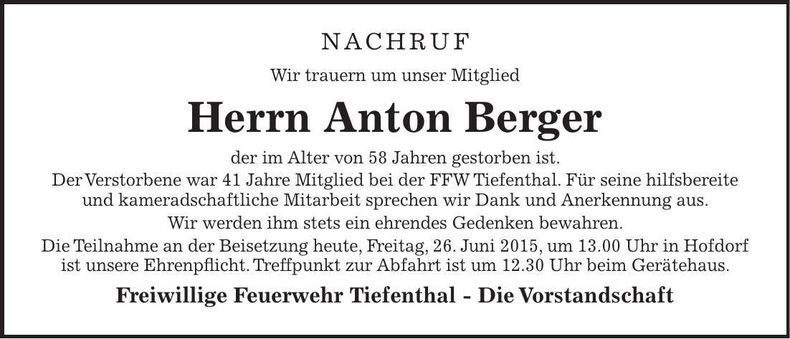 Traueranzeige Anton Berger