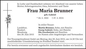 Traueranzeige Maria Brunner