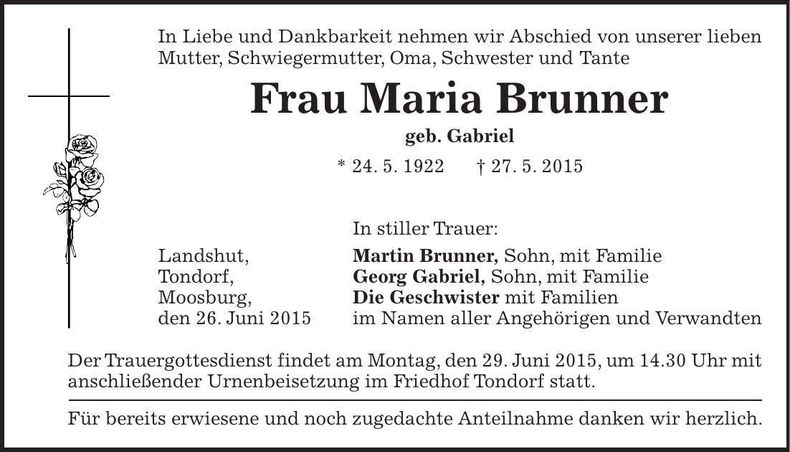 Traueranzeige Maria Brunner
