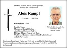 Traueranzeige Alois Rampf