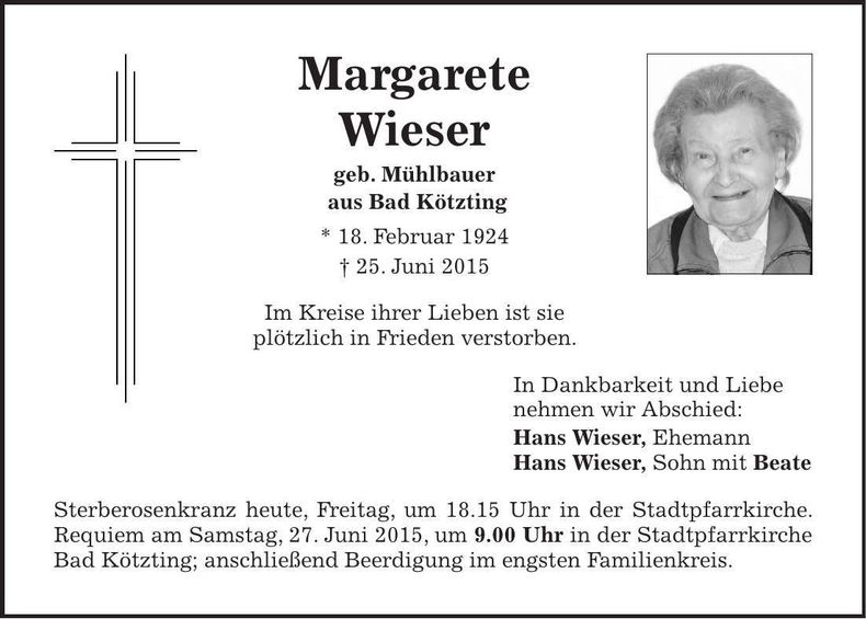 Traueranzeige Margarete Wieser