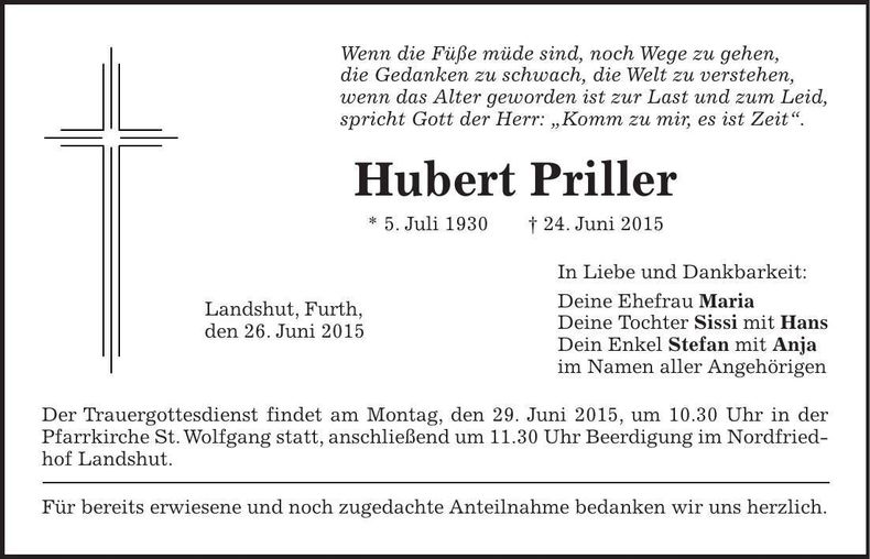 Traueranzeige Hubert Priller