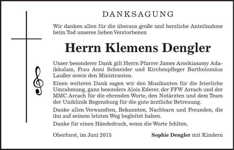 Traueranzeige Klemens Dengler