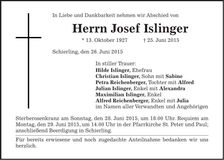 Traueranzeige Josef Islinger
