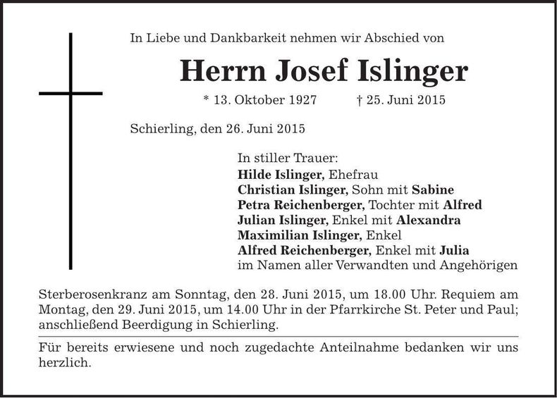 Traueranzeige Josef Islinger