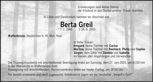 Traueranzeige Berta Greil