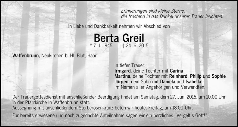 Traueranzeige Berta Greil