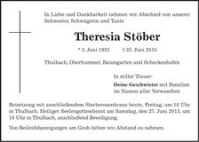 Traueranzeige Theresia Stöber
