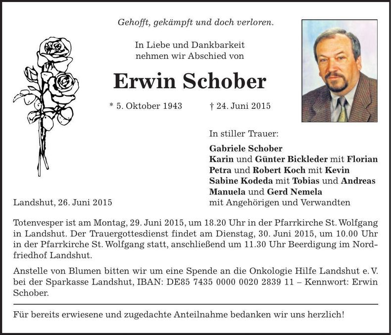 Traueranzeige Erwin Schober