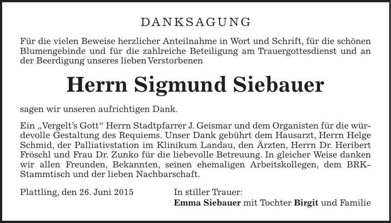 Traueranzeige Sigmund Siebauer