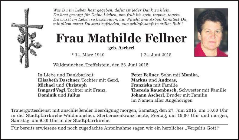 Traueranzeige Mathilde Fellner