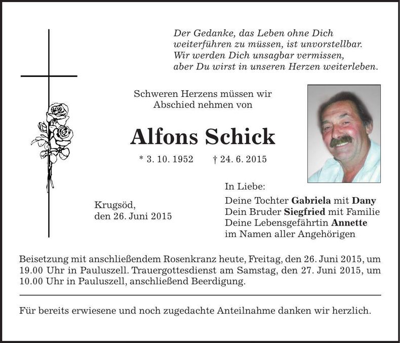 Traueranzeige Alfons Schick