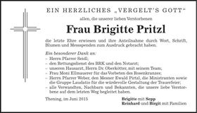 Traueranzeige Brigitte Pritzl