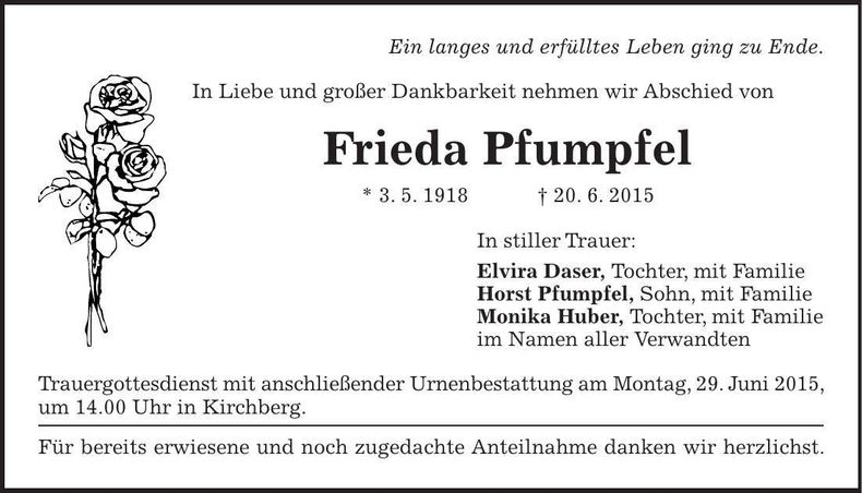 Traueranzeige Frieda Pfumpfel