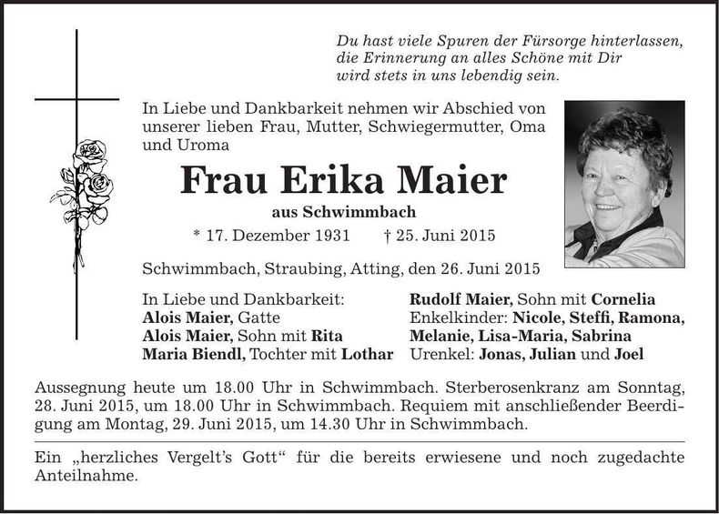 Traueranzeige Erika Maier