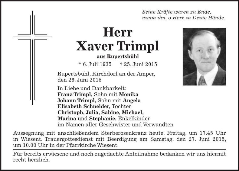 Traueranzeige Xaver Trimpl