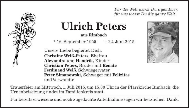 Traueranzeige Ulrich Peters