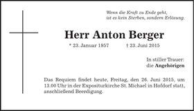 Traueranzeige Anton Berger