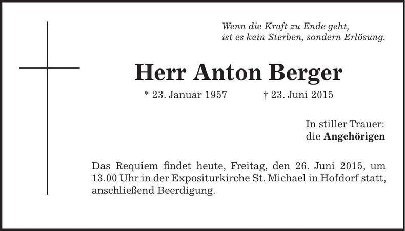 Traueranzeige Anton Berger