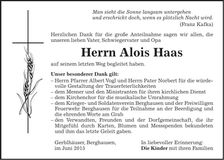 Traueranzeige Alois Haas